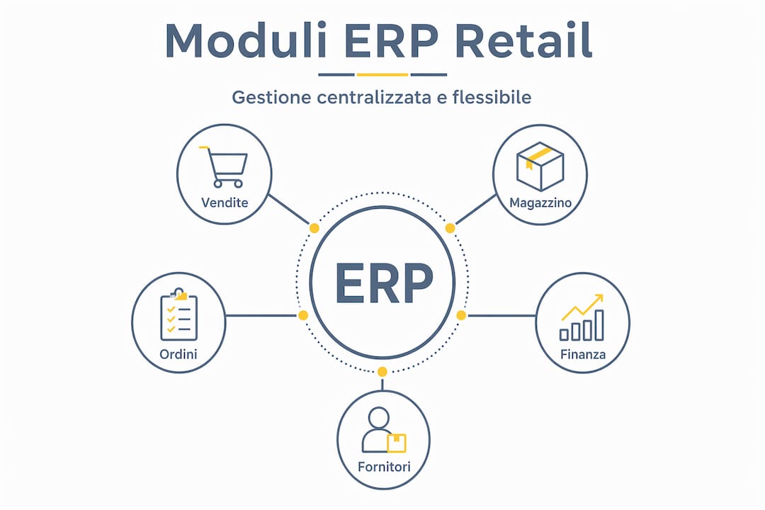 Infografica sulla struttura gerarchica dei moduli ERP per la gestione di un negozio