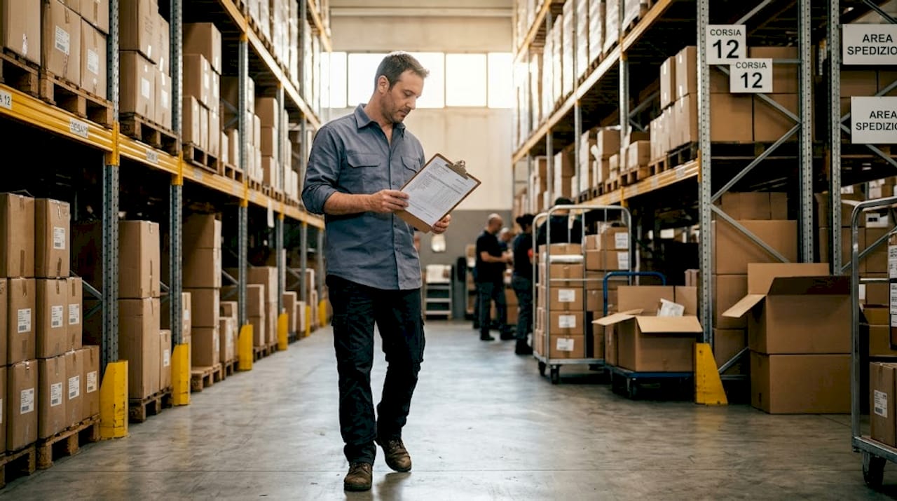 Il responsabile di magazzino controlla le schede degli ordini per organizzare al meglio la logistica.