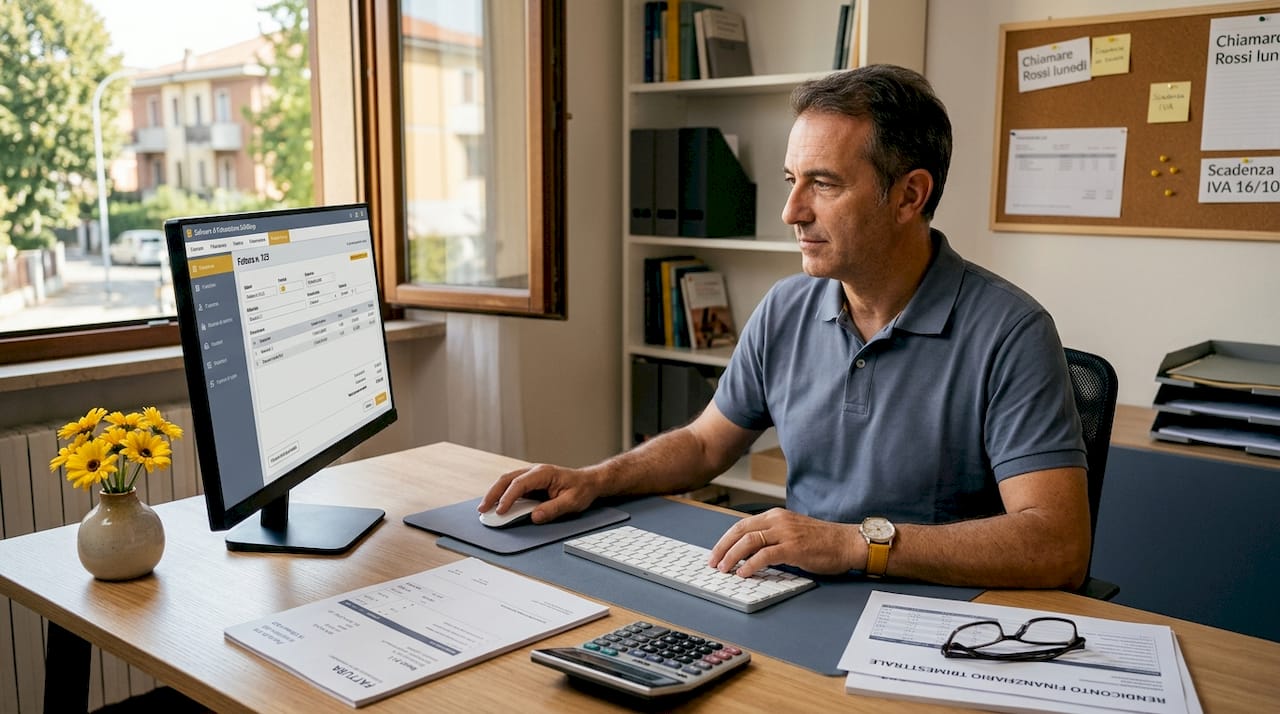 Una persona alle prese con la gestione delle fatture tramite un software, comodamente dal proprio ufficio di casa.