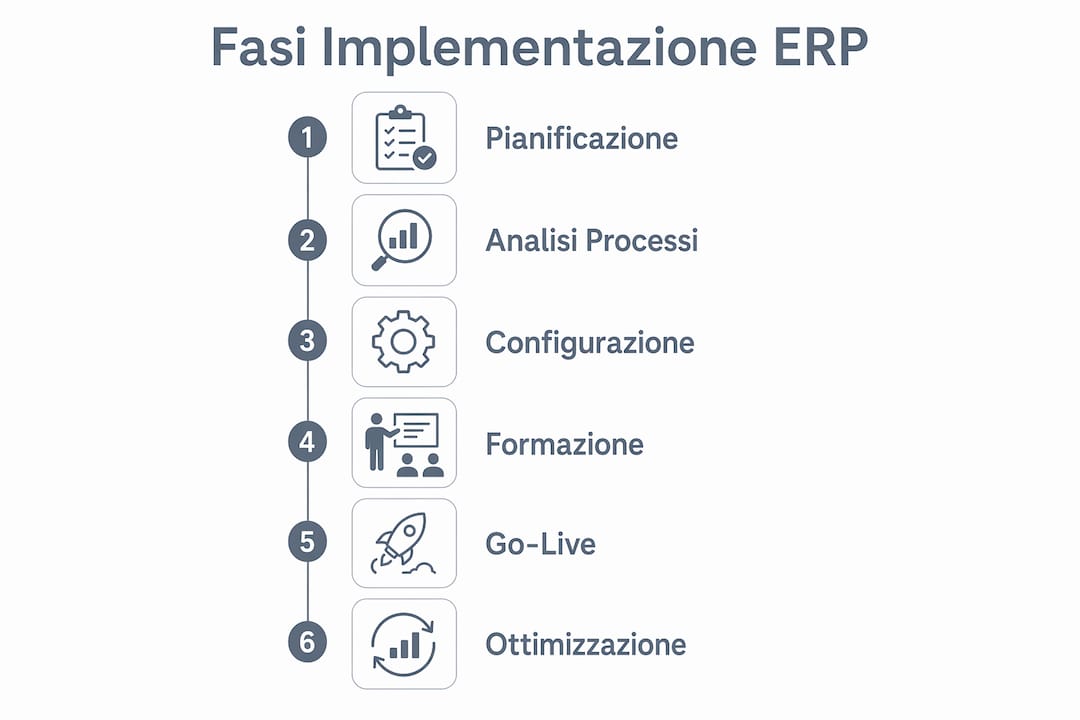 Infografica che illustra i passaggi fondamentali per l’implementazione di un sistema ERP