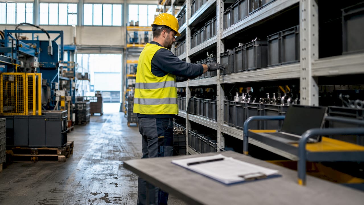 Vista dall’alto di un operaio che sistema i contenitori dell’inventario in magazzino