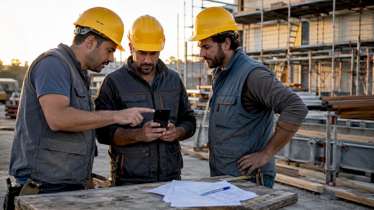 Operaio in cantiere che consulta lo smartphone mentre lavora