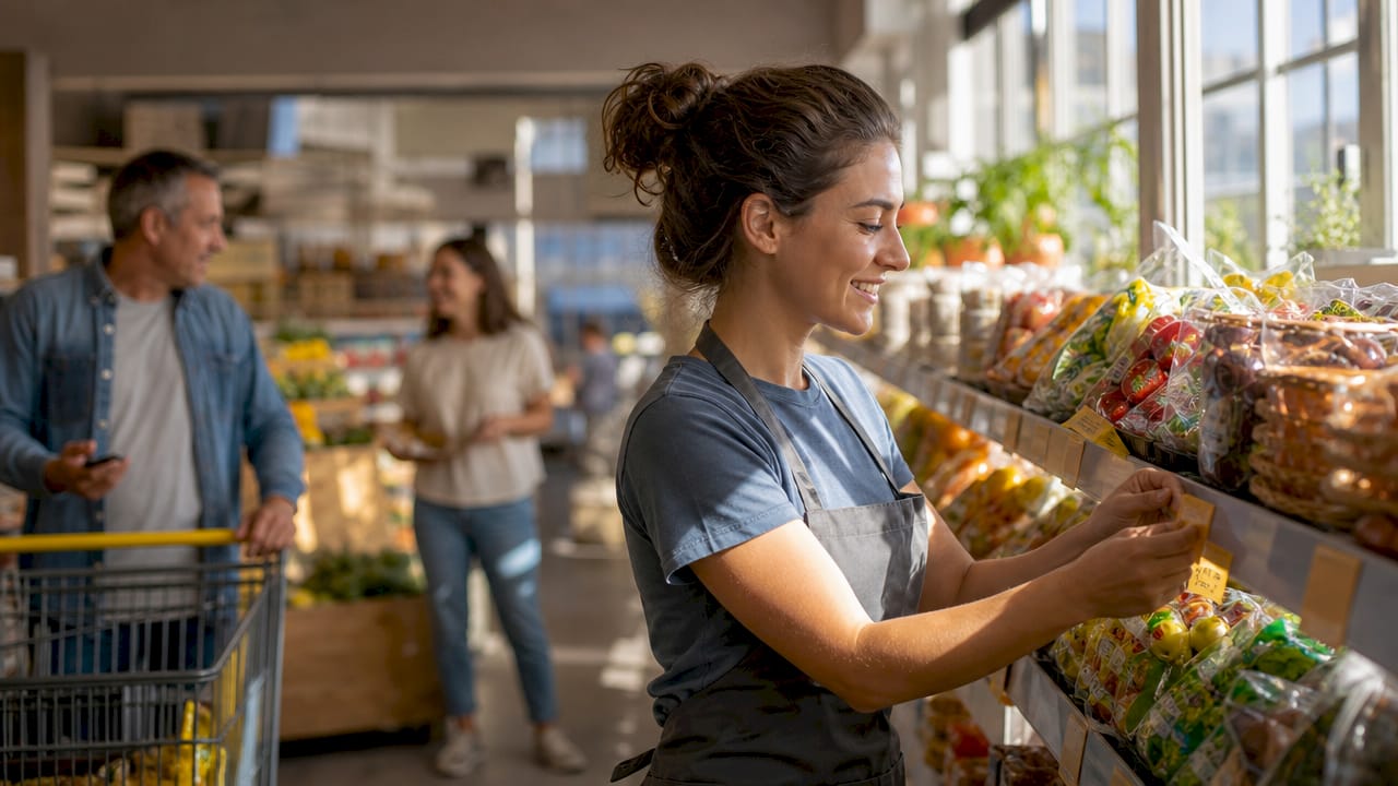 Addetta alla sistemazione dei prodotti in offerta sugli scaffali del supermercato.