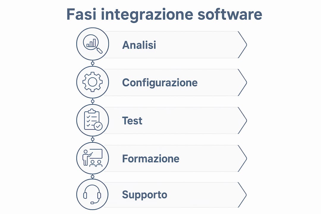 Infografica che illustra le diverse fasi del processo di integrazione software
