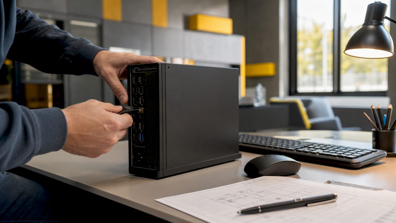 Mani che collegano un cavo di rete al computer fisso
