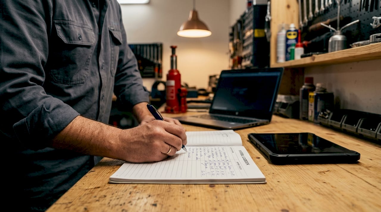 Un tecnico annota gli interventi effettuati in officina sul registro, compilando con attenzione ogni dettaglio.
