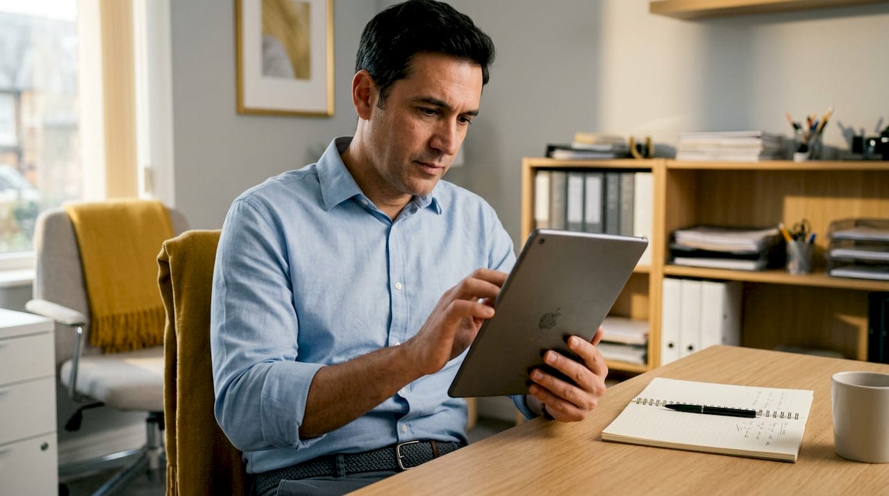 Una persona al lavoro che consulta un tablet e prende appunti su un'agenda, seduta in un ufficio moderno.