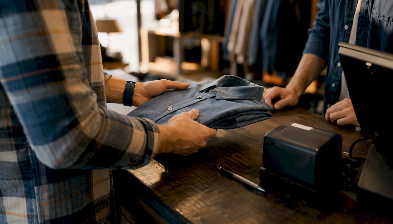 Due mani si scambiano una camicia piegata al banco di un negozio