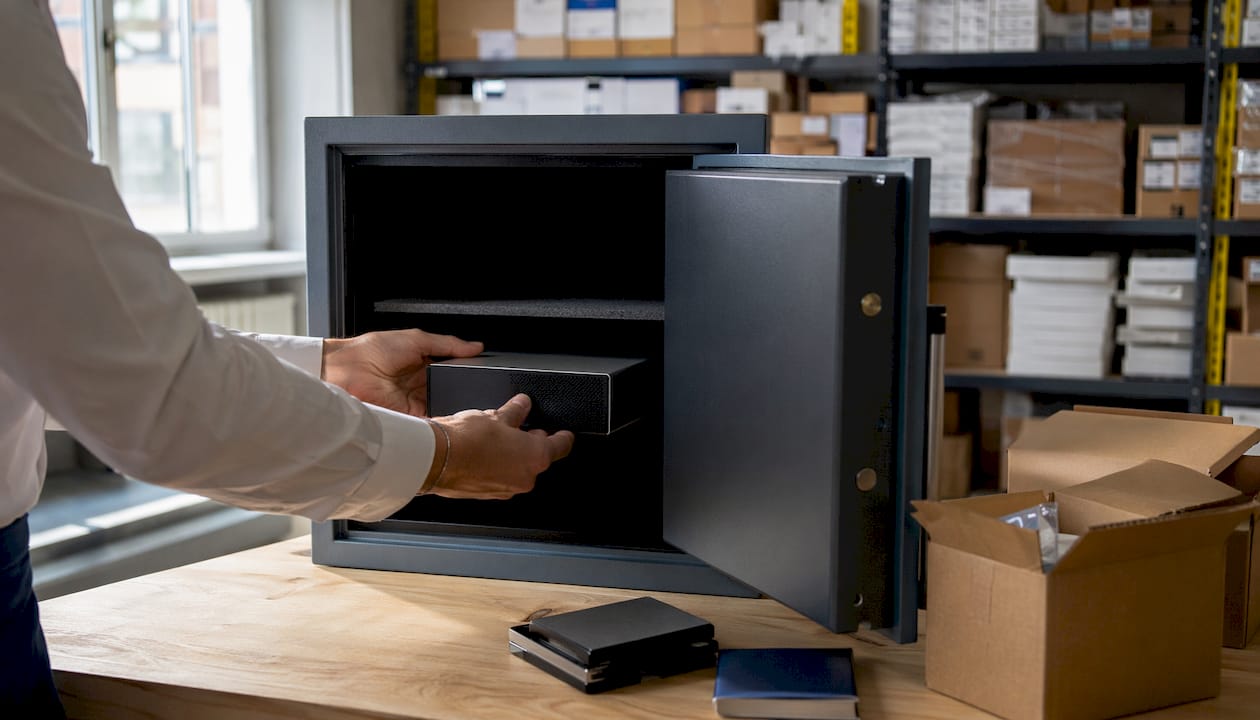 Mani che ripongono un hard disk di backup all’interno di una cassaforte ignifuga per proteggerlo.