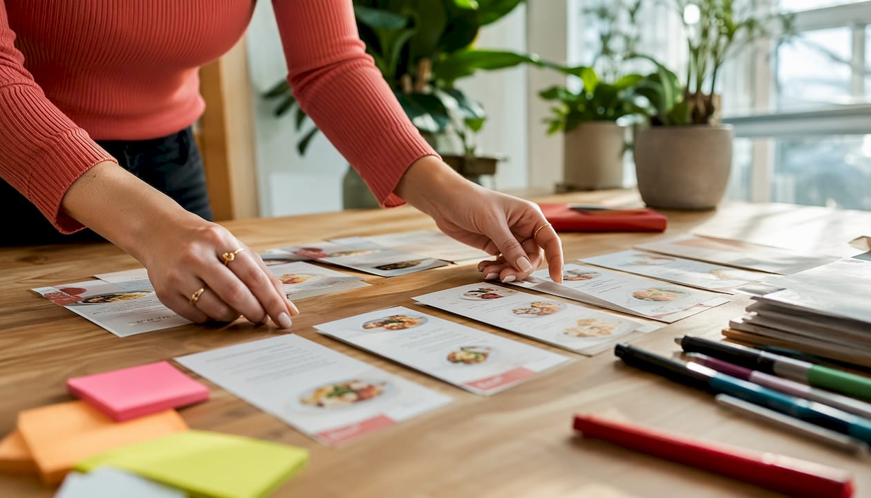 Un paio di mani sistemano dei menu stampati su un tavolo dal design essenziale.
