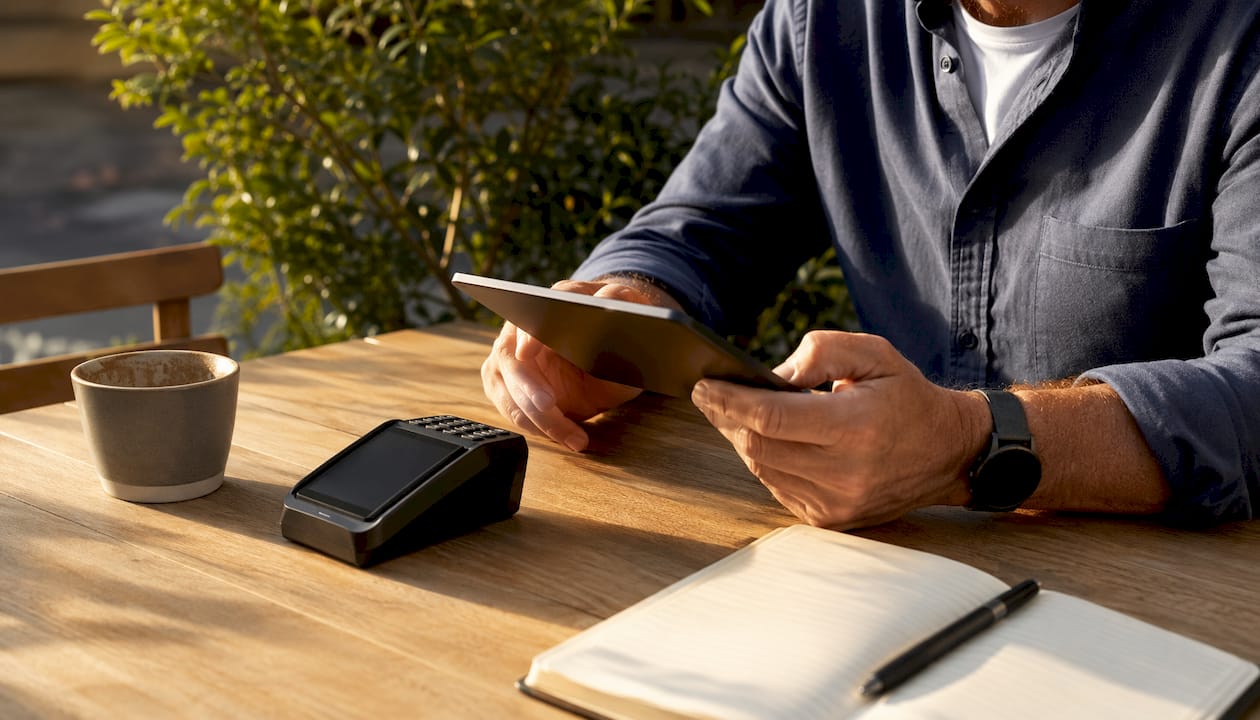 Un imprenditore collega il tablet al POS per gestire le transazioni in modo semplice e veloce.