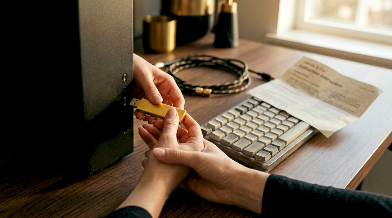 Hands inserting dongle into desktop computer