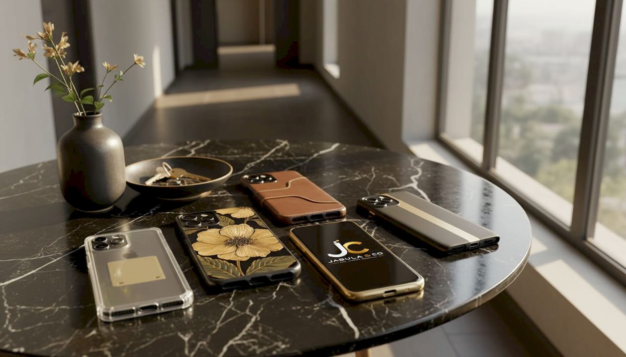 Different stylish phone cases on table in sunlight