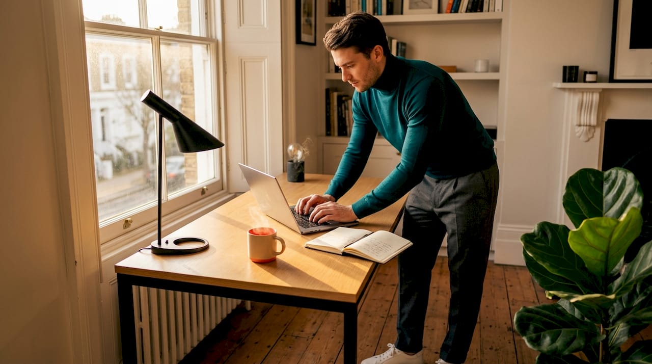 Man in fitted top and loose trousers at workspace