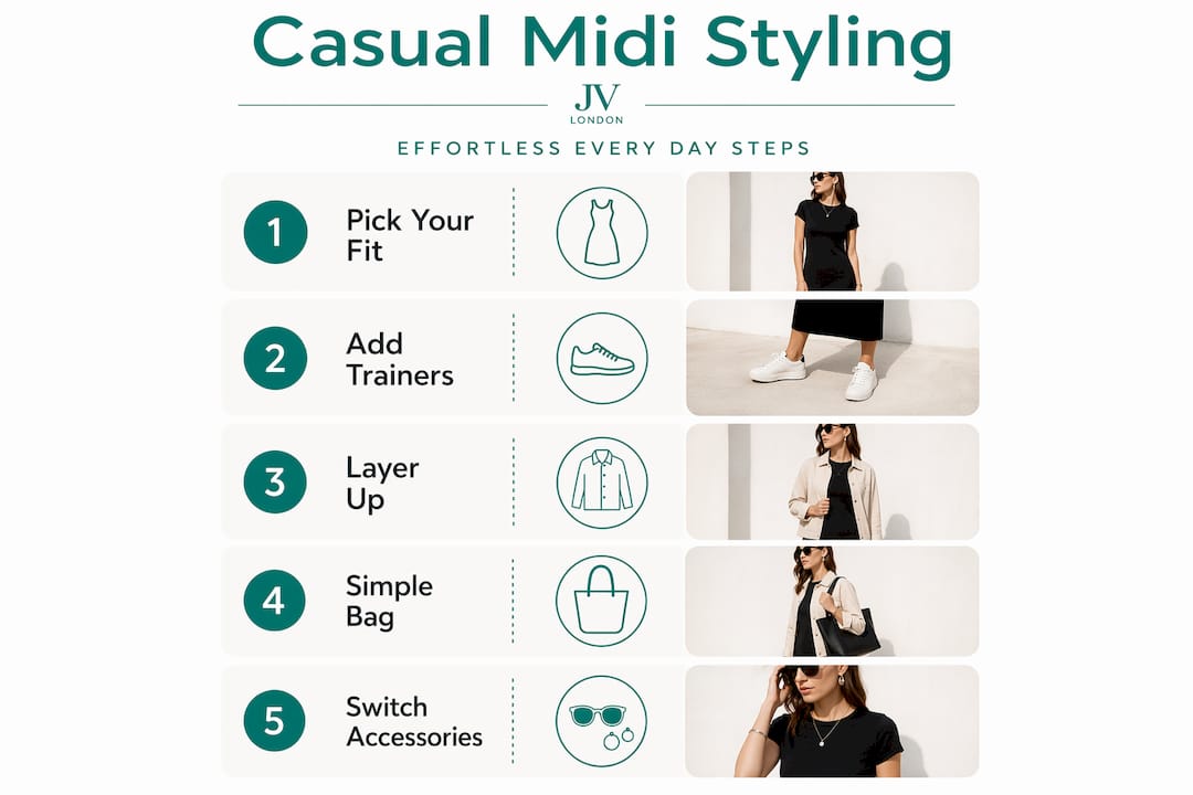 Infographic showing casual midi dress styling steps
