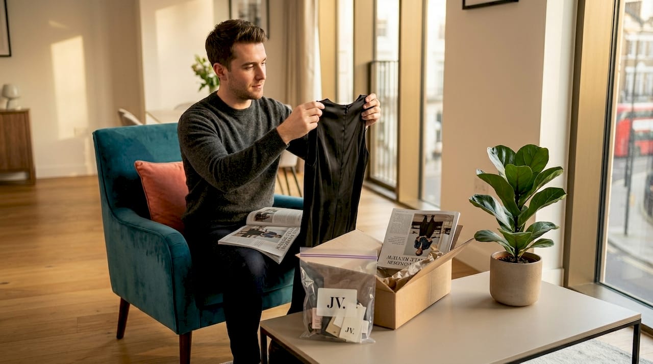Man checking dress condition before return process