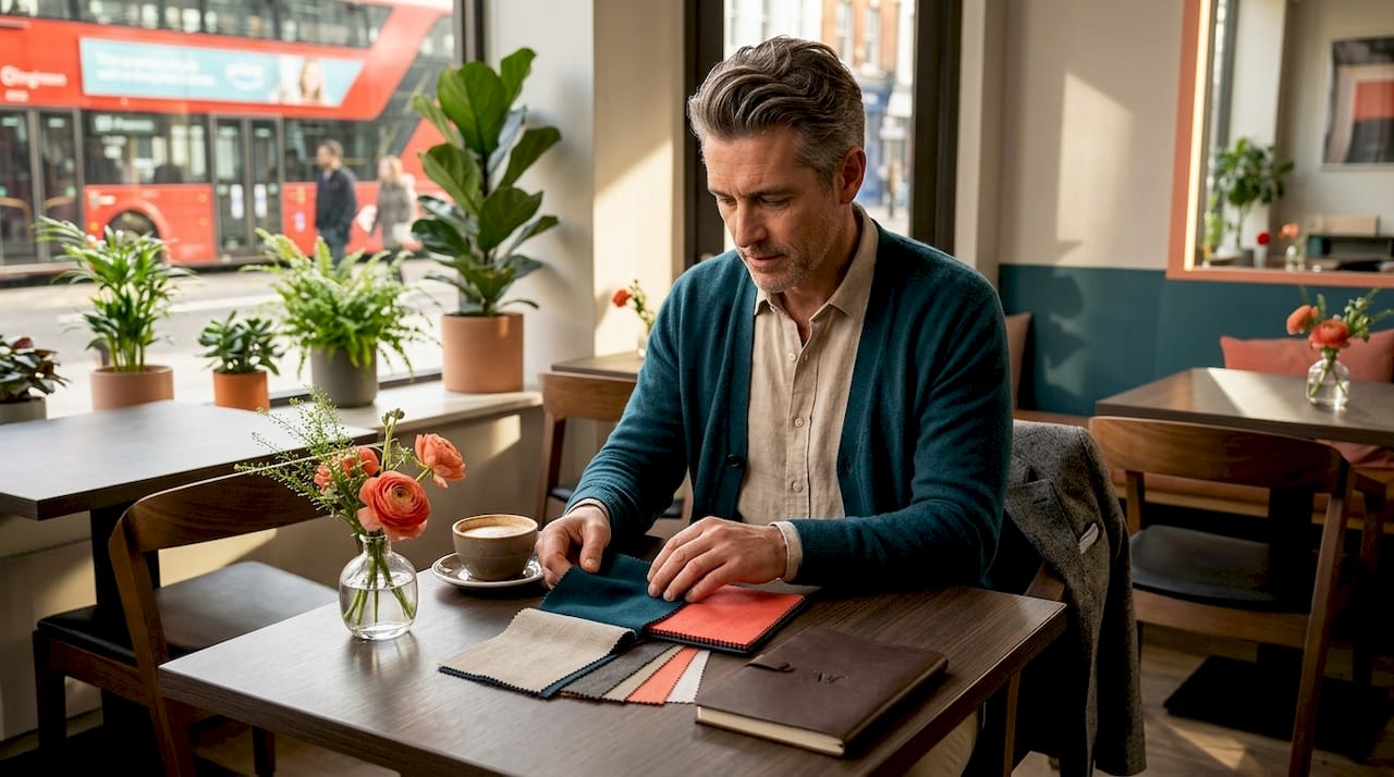 Man at café in layered fabrics