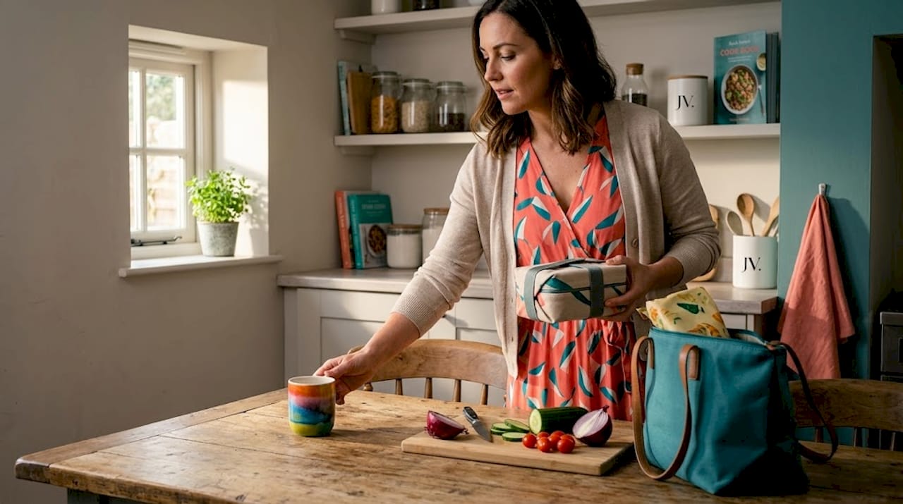 Woman in midi dress preparing lunch at kitchen