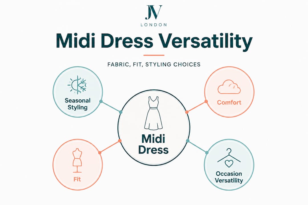 Hierarchy infographic of midi dress versatility factors