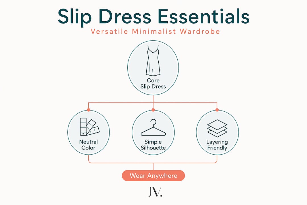 Infographic outlining slip dress essentials for minimal wardrobe