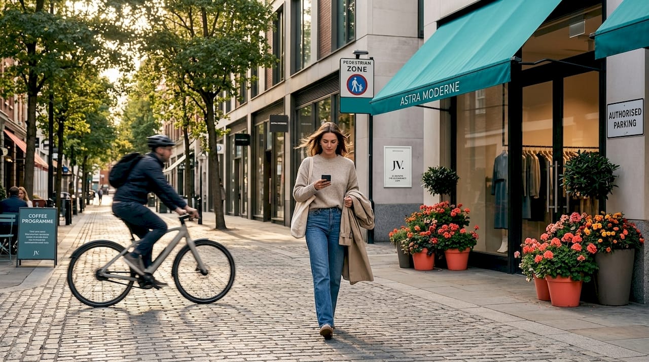 Woman in relaxed minimalist outfit on quiet street