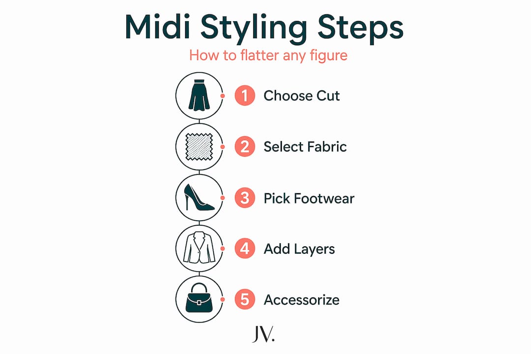 Infographic with steps for styling midi dresses