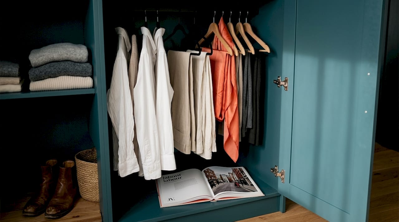 Mix of timeless and trendy clothing in closet
