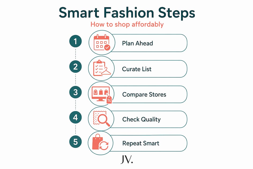 Infographic with five steps for affordable online fashion shopping