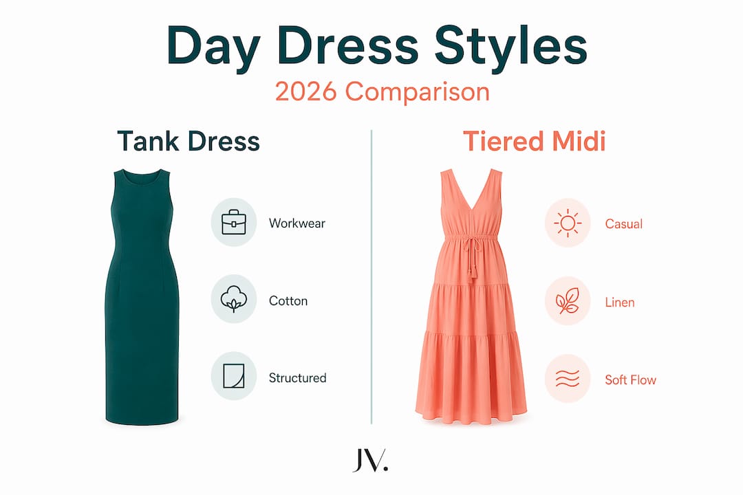 Infographic comparing tank dress and tiered midi styles