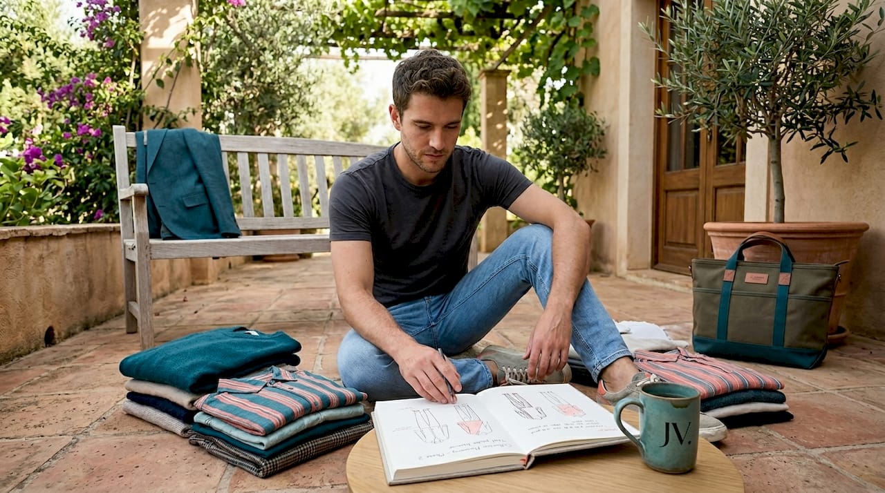 Man planning capsule wardrobe outfits at home