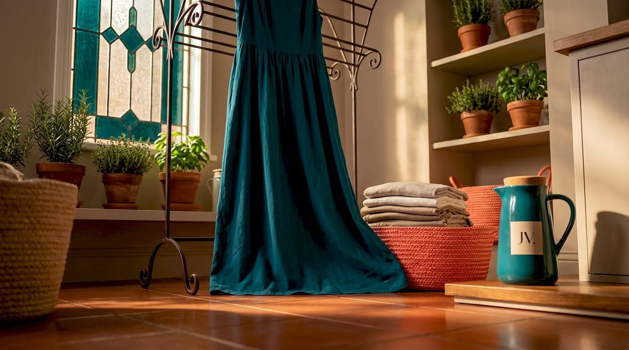 Maxi dress air drying in sunlit kitchen