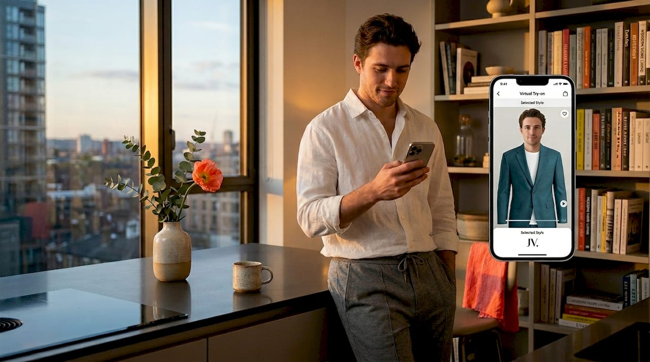 Man using virtual try-on in kitchen