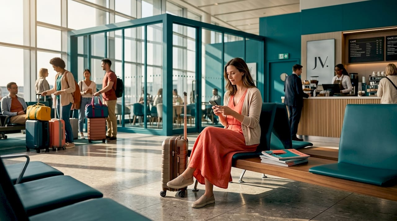 Woman in coral maxi dress at airport lounge