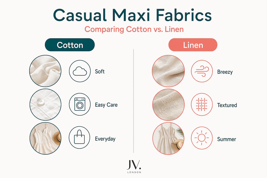 Infographic comparing cotton and linen fabrics in maxi dresses