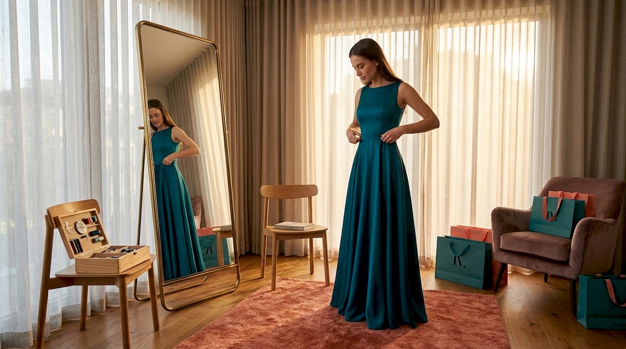 Woman fitting A-line dress in living room