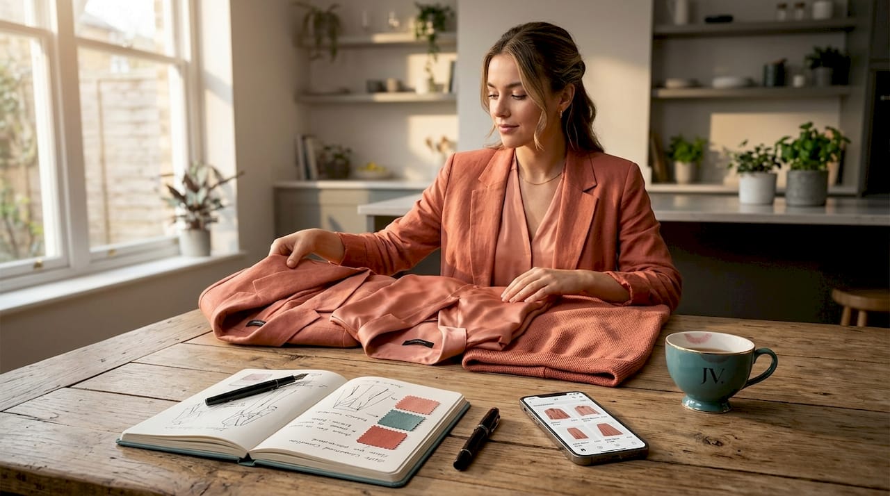 Person arranges textured tonal fabrics on table