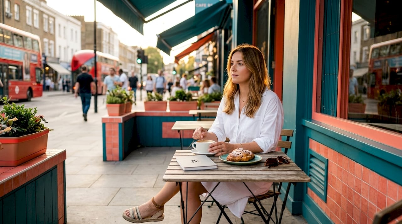 Woman in shirt dress at sunlit café table