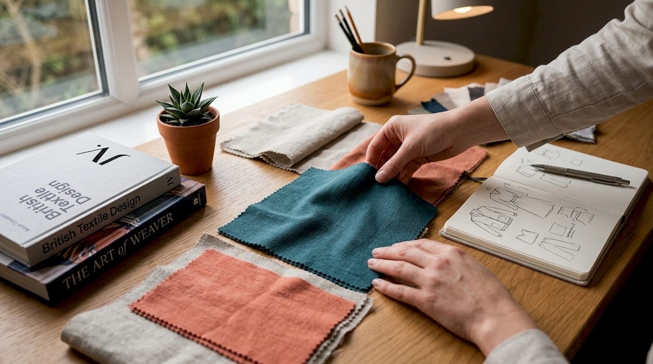 Close-up of hands touching breathable fabric swatches