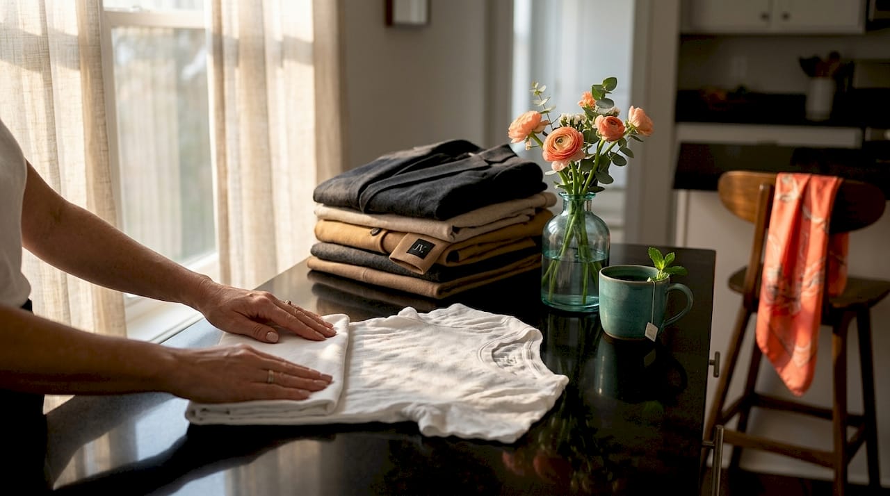 Hands folding versatile white T-shirt