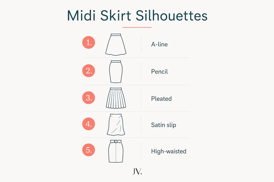 Infographic illustrating midi skirt silhouette types
