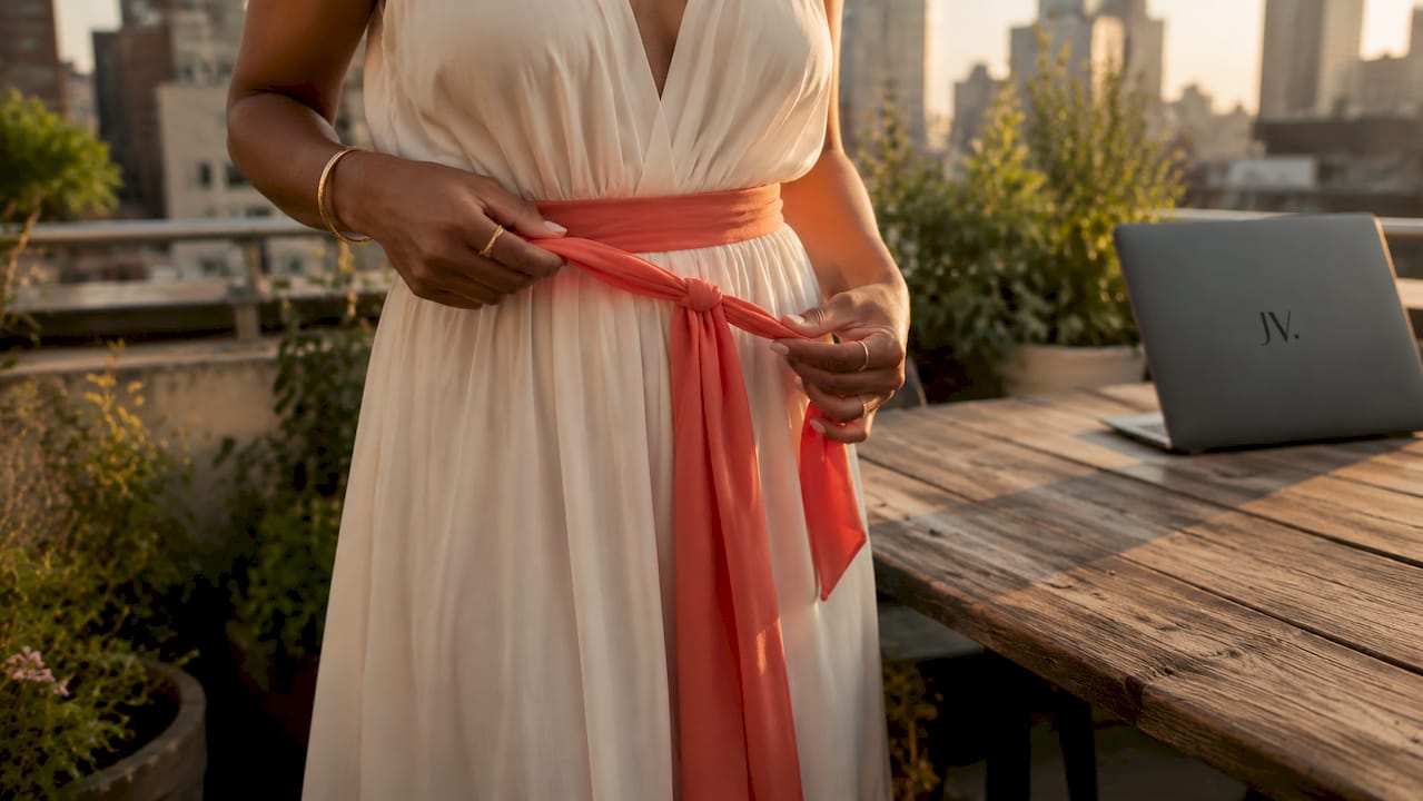 Hands fastening belt on maxi dress waist