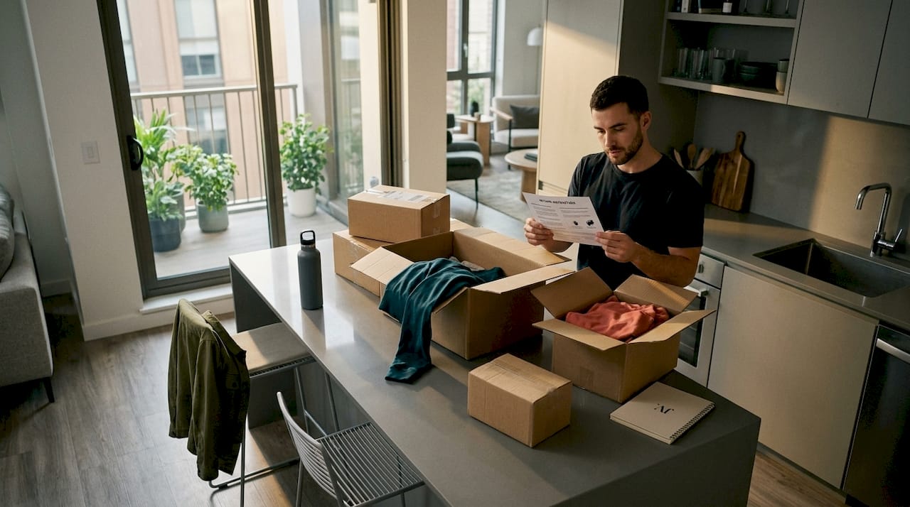 Man unboxing fashion delivery parcels indoors
