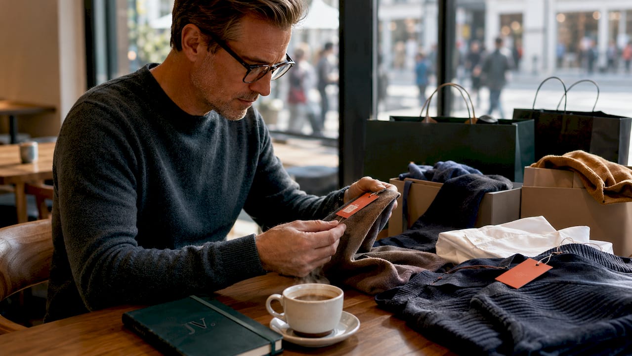 Man assessing discounted clothes at home