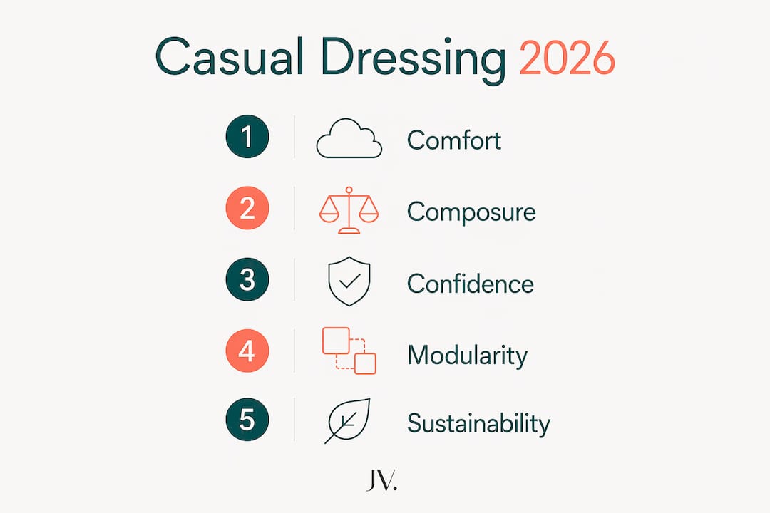 Infographic outlining 2026 casual dressing key principles