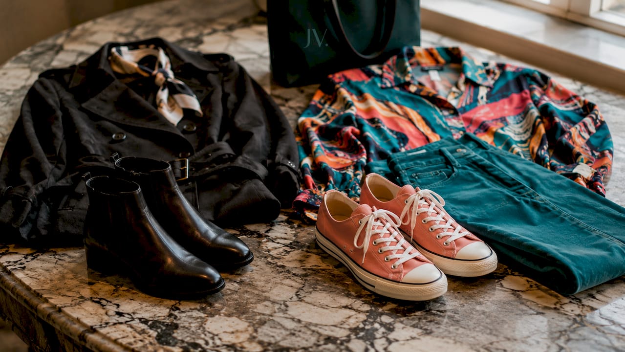 Flat lay comparing luxury and fast fashion outfits