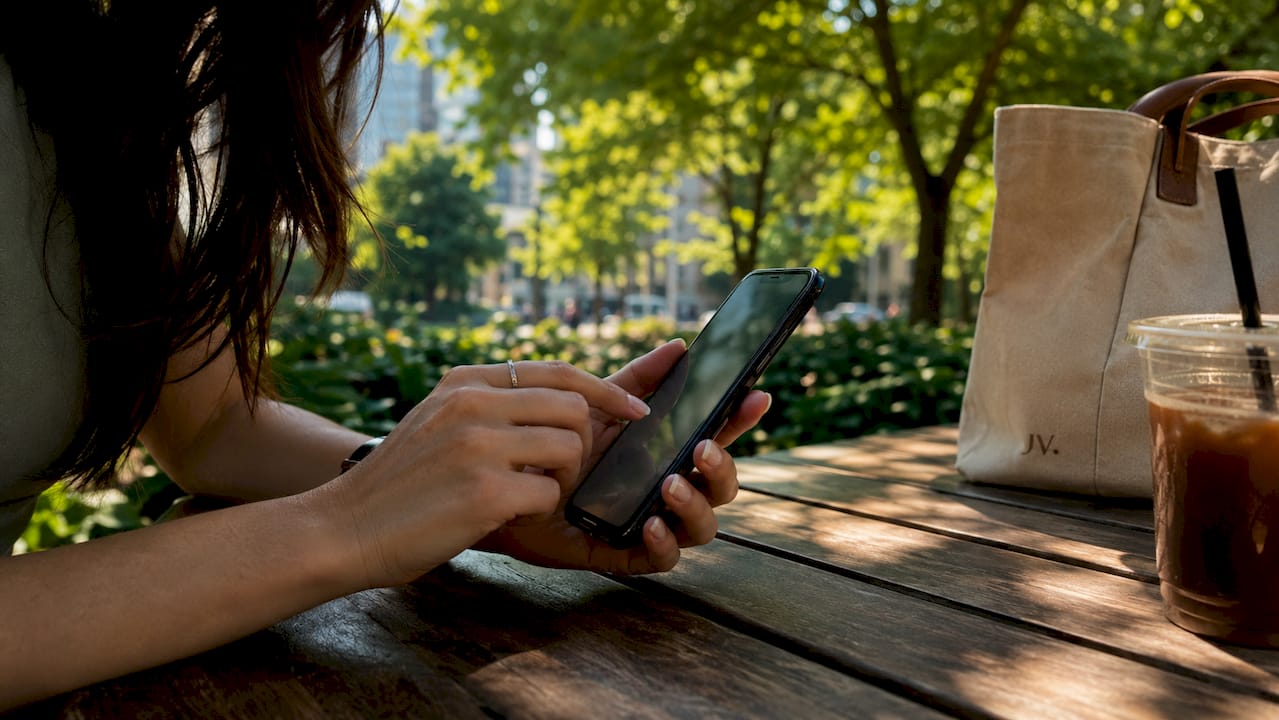 Hands using smartphone fashion sizing app