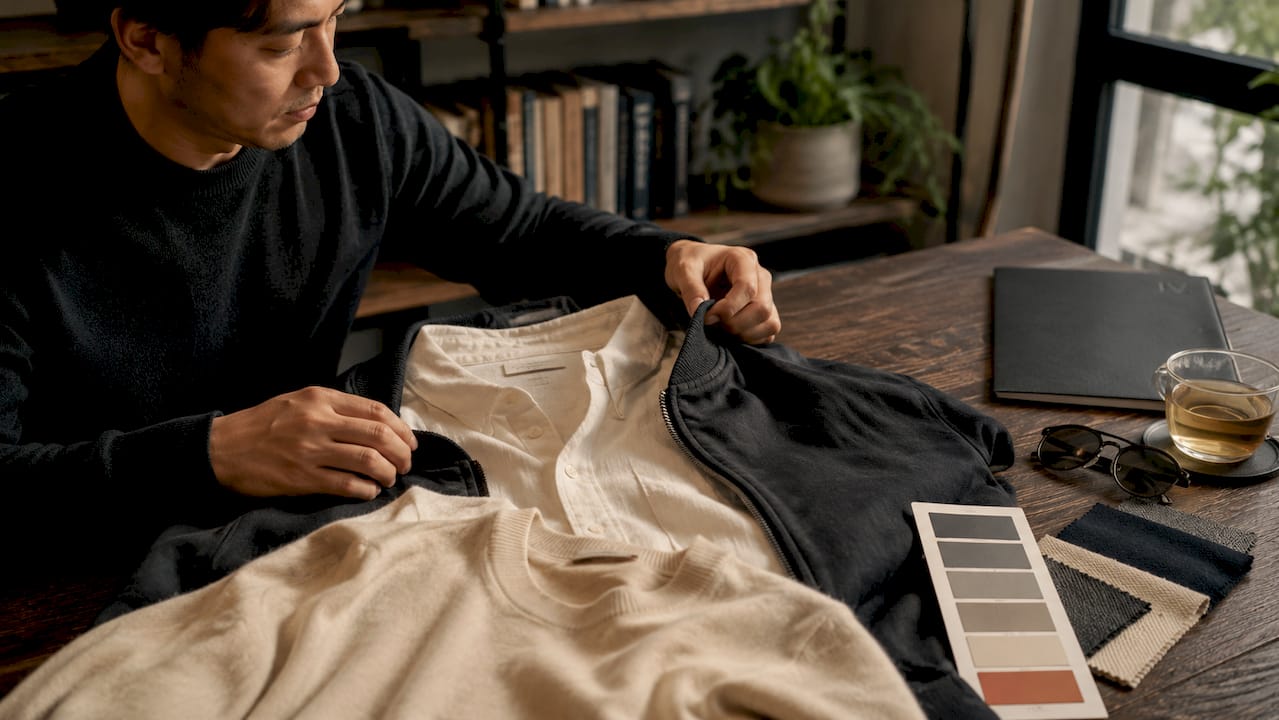 Hands arranging versatile season-less clothing layers