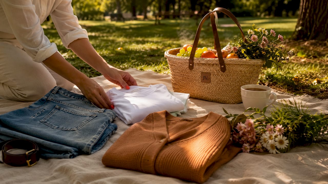 Hands organizing casual wardrobe essentials on table