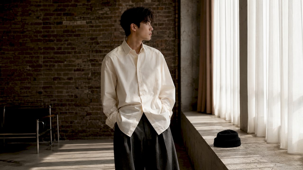 Model showcasing minimalist Japanese-inspired outfit