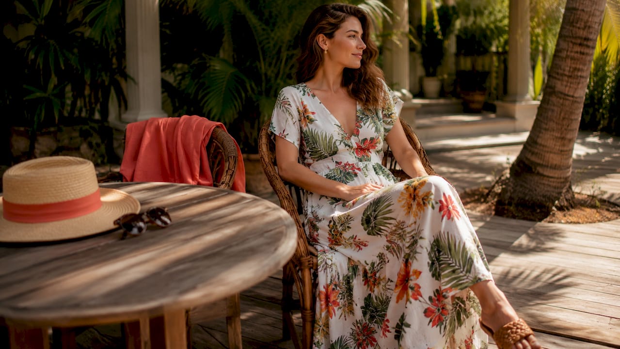 Flat lay of resort casual dress and accessories on woven rug